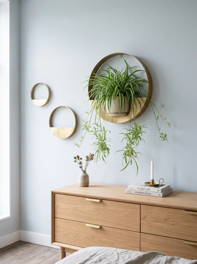  Brushed brass iron hoop wall planter with a trailing spider plant above a kids' room dresser