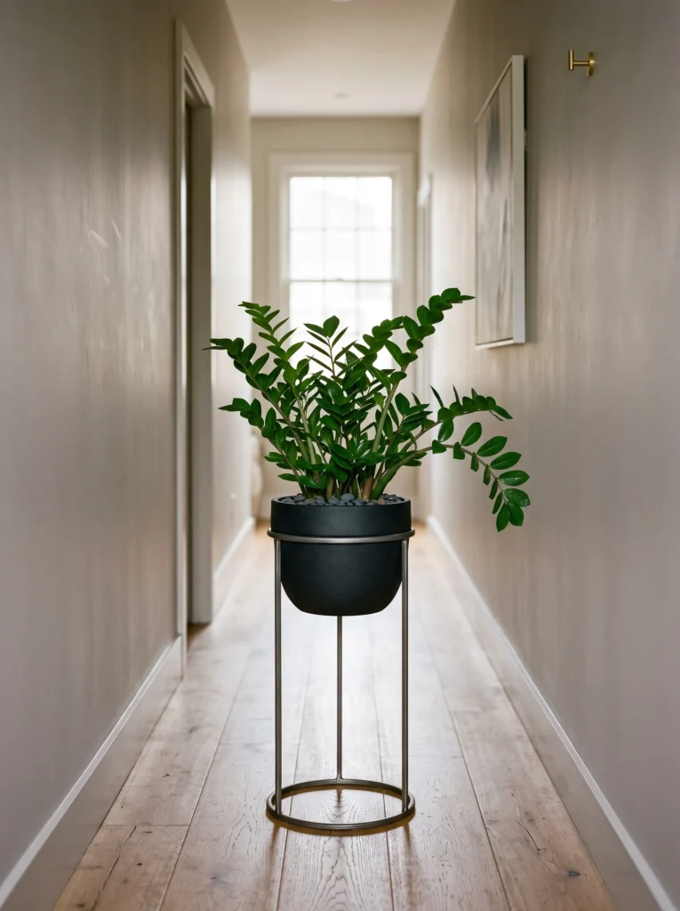  Circular iron ring plant stand with a ZZ plant centered in a narrow hallway