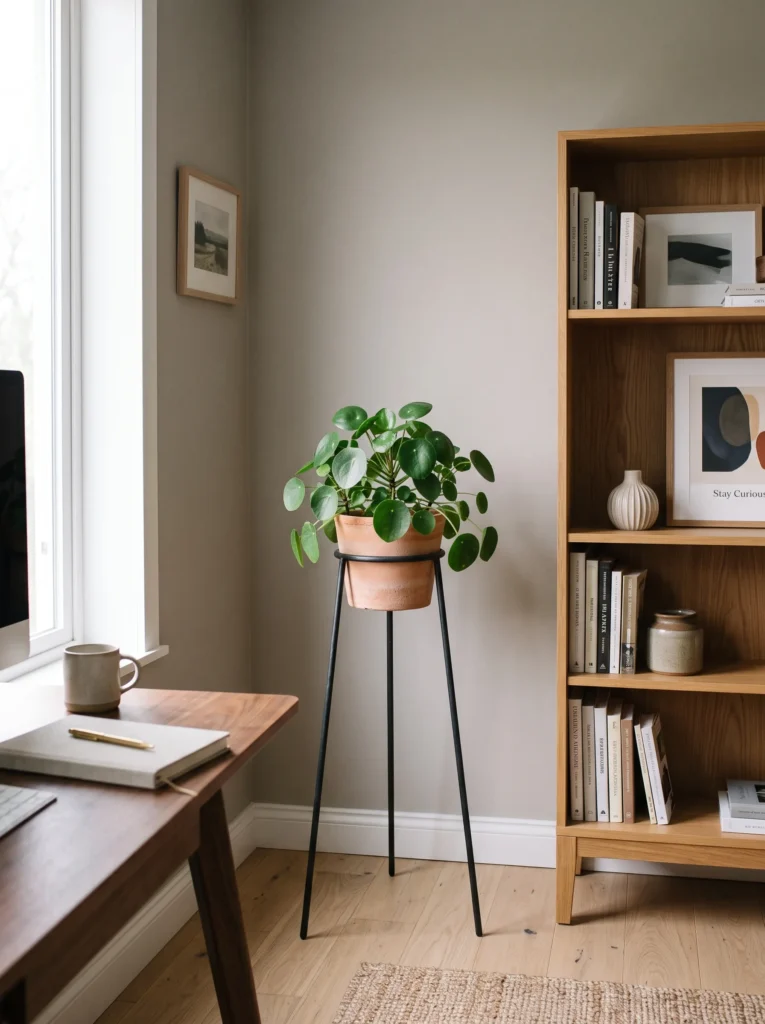 Blackened iron tripod plant stand with a Pilea peperomia in a home office corner
