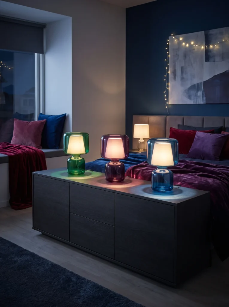 Emerald, amethyst, and sapphire glass lamps grouped on a jewel-tone bedroom credenza.