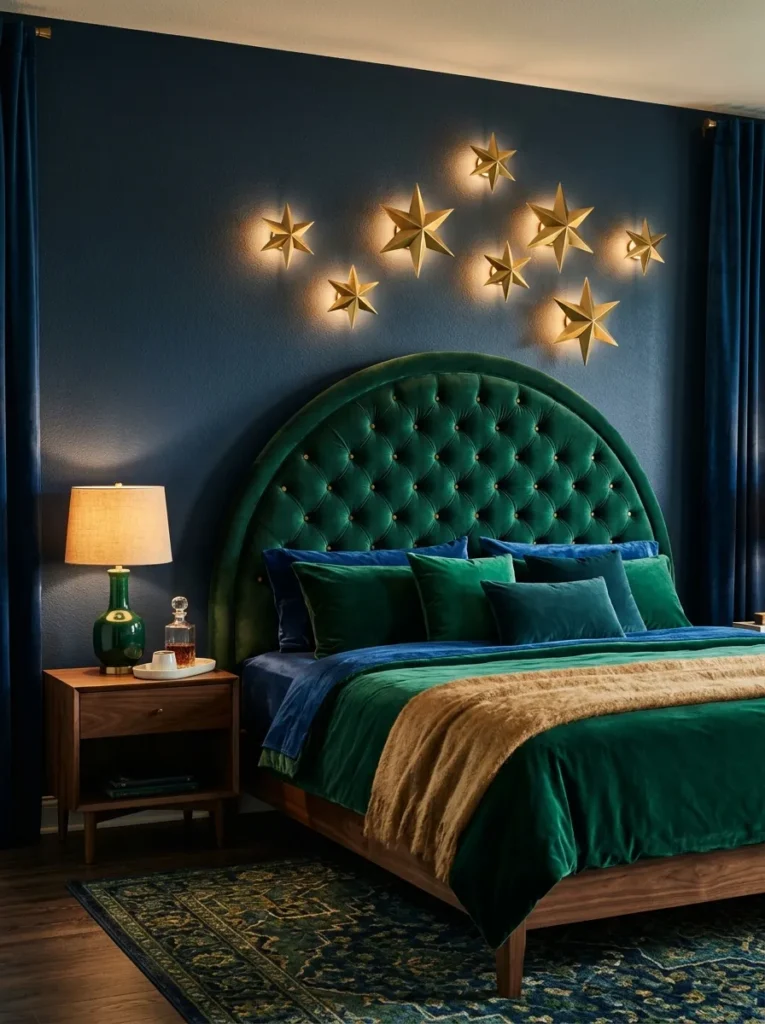 Emerald tufted headboard against sapphire walls with brass stars