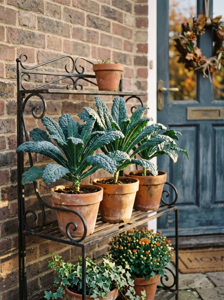 A three-tier black wrought-iron plant stand beside a front door, holding terracotta pots of deep blue-green, textured Lacinato kale. Crisp late-afternoon autumn light. Muted brick wall backdrop. Tight, eye-level framing on the middle tier, leaves slightly backlit to show ridged texture.