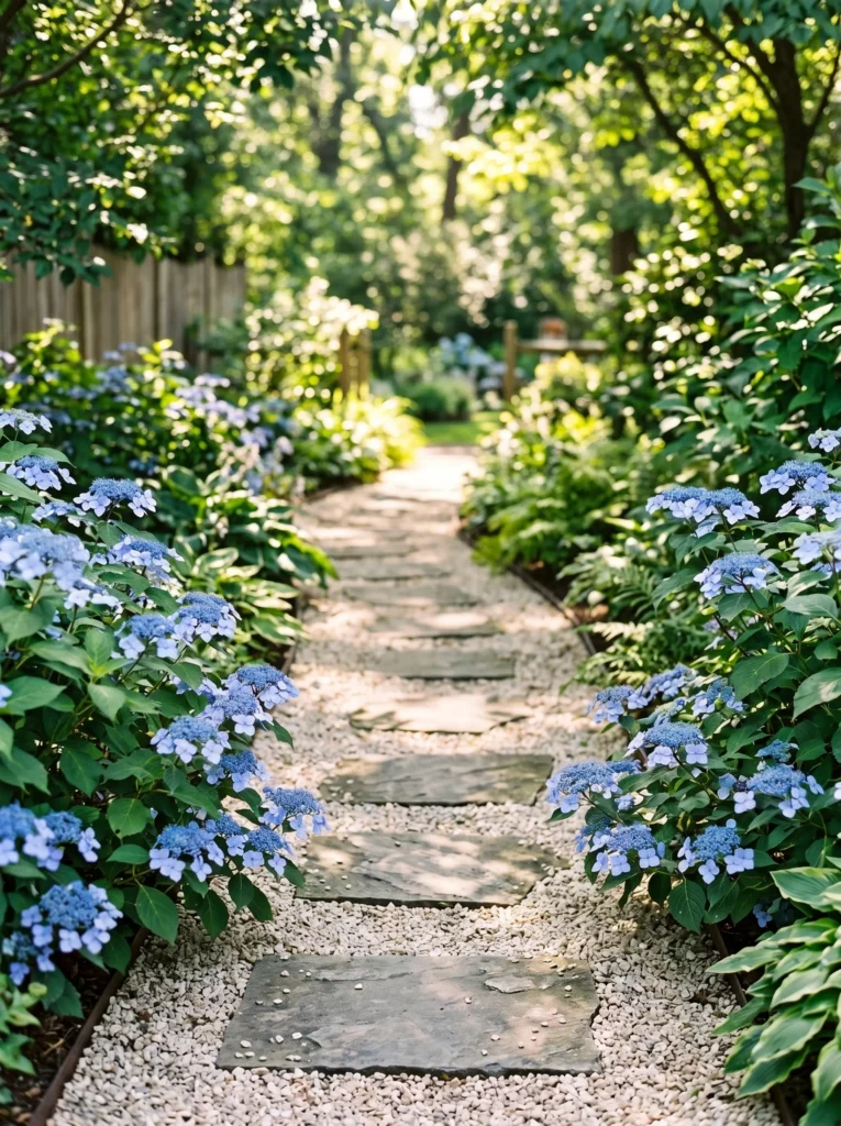 Narrow gravel garden path flanked by low periwinkle-blue lacecap hydrangeas brushing against weathered stepping stones. Soft dappled morning light filtering through overhead branches, gentle shadow patterns on the gravel. Path leading into a soft-focus background, generous negative space at the path's vanishing point.