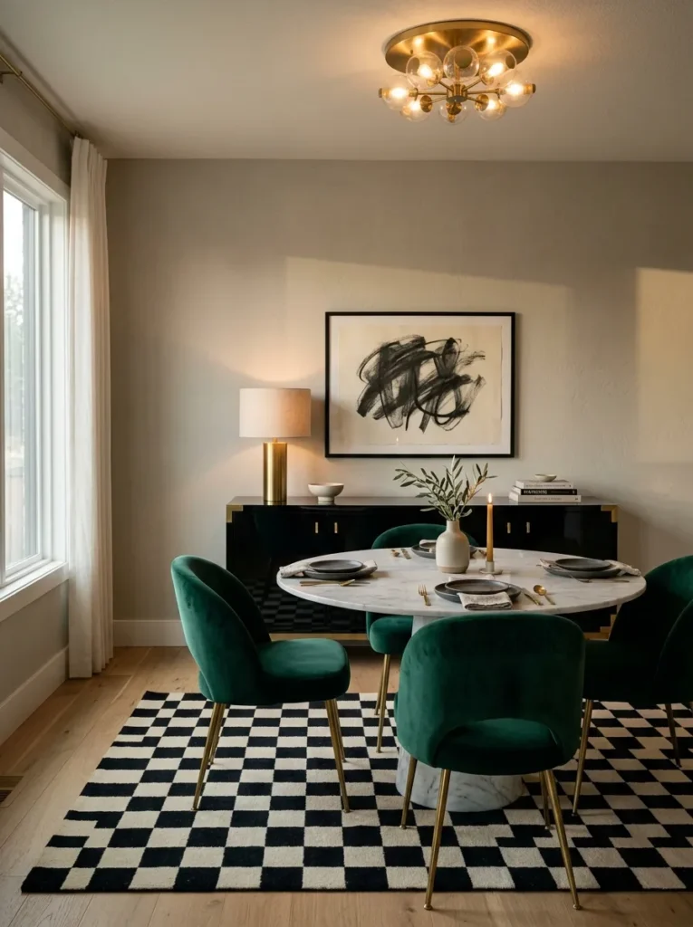High-gloss black lacquer sideboard with emerald velvet chairs