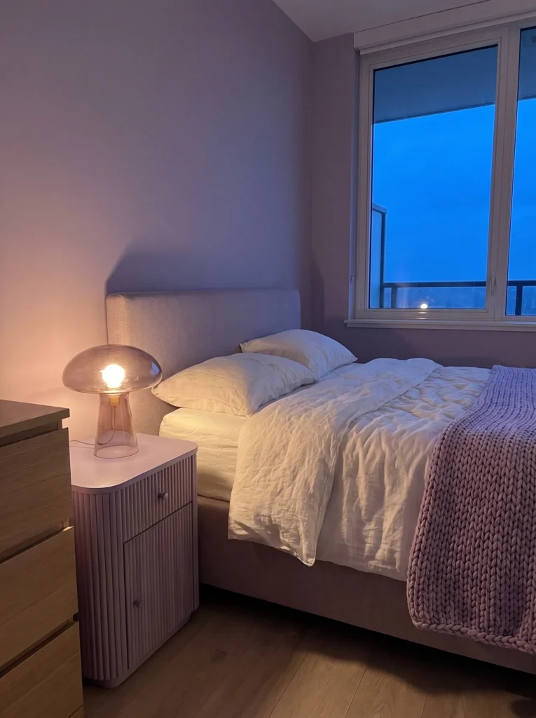  Smoke-lilac glass lamp glowing on a nightstand in a lavender bedroom.