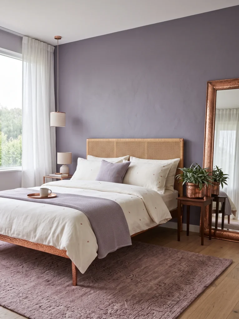  Lavender-gray bedroom with rattan headboard, copper accents, ivory bedding, and Silver Squill.