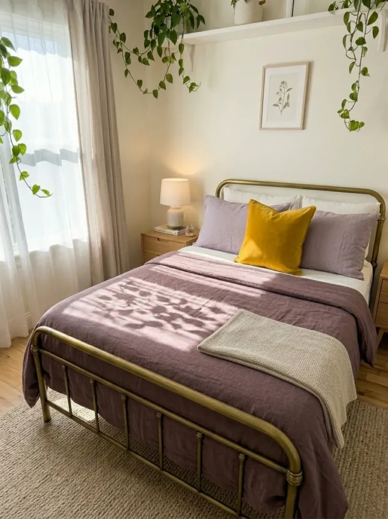 Lavender botanical textile above an antique brass bed