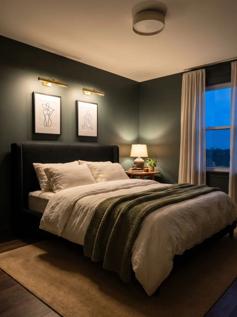 Small bedroom with bottle-green-black walls and layered brass lighting at multiple heights