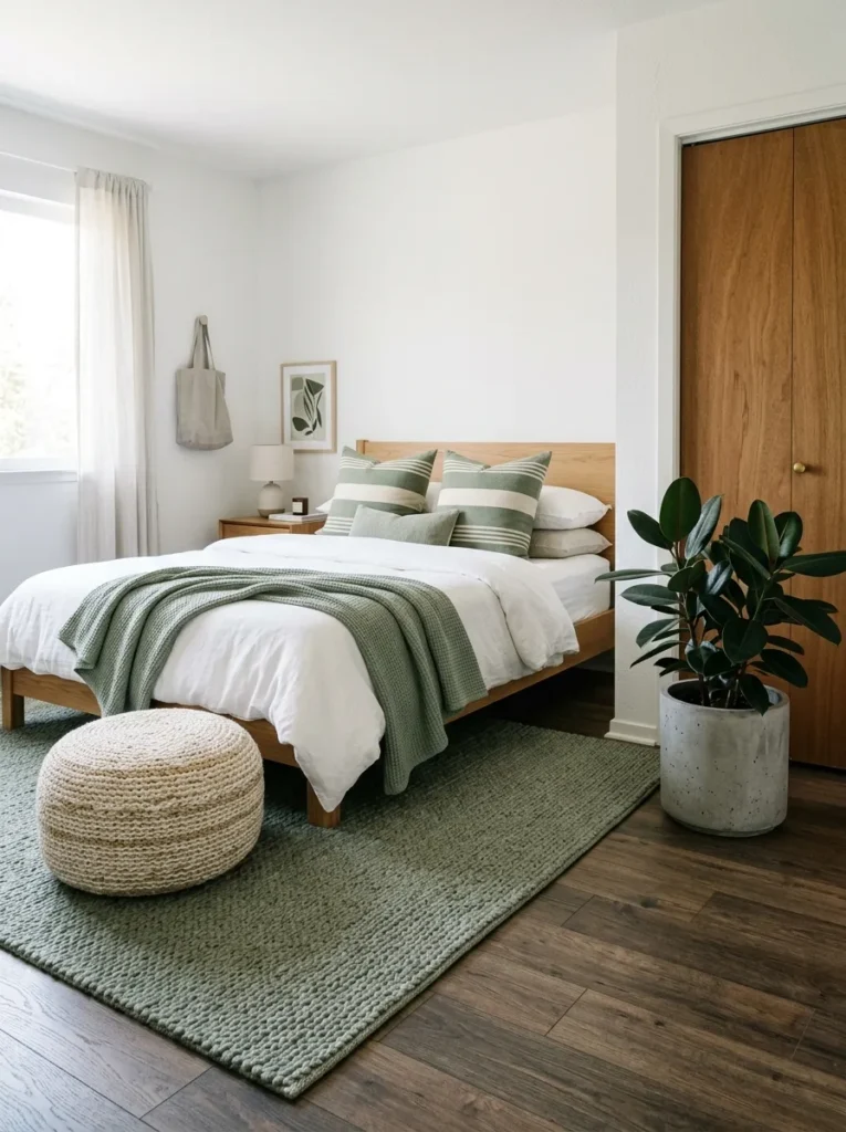 Sage textured rug with striped pillows, woven pouf, rubber tree, and rattan tray.