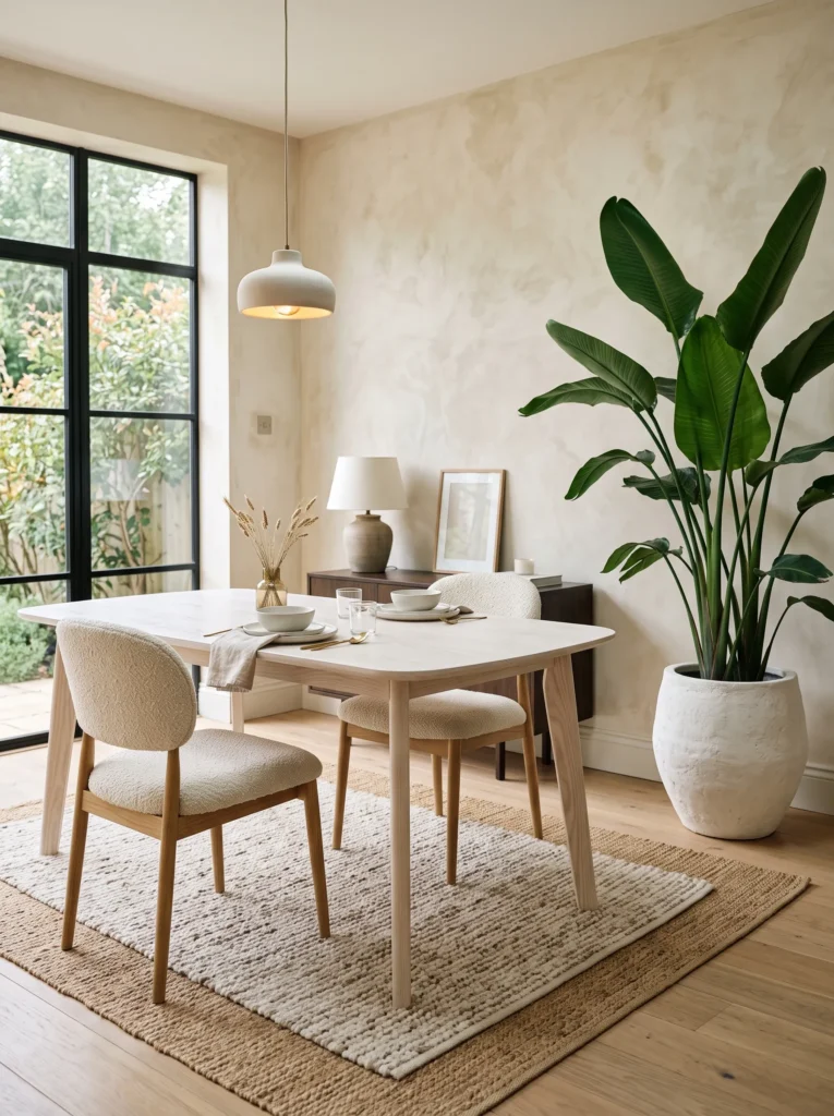White ash dining table with layered jute and wool rugs and mixed boucle chairs.