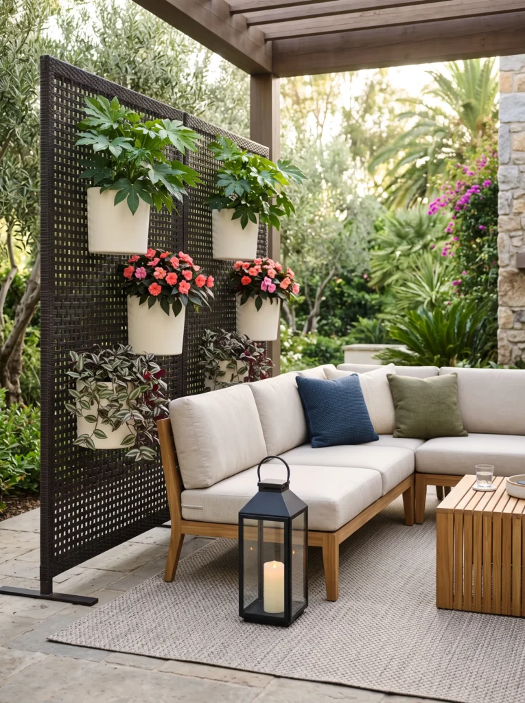 Wicker screen with fatsia and impatiens on patio.