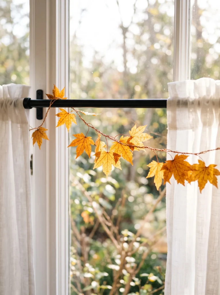 Small amber maple leaves woven around a black café curtain rod