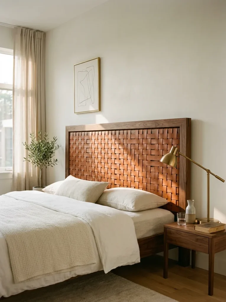 Walnut-framed leather strap DIY headboard with brass upholstery nails.