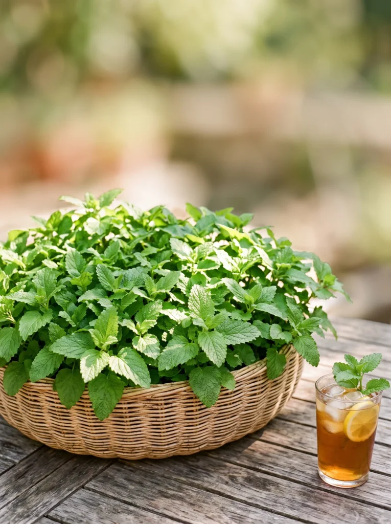 Fall herbs to grow in a wide woven-look planter, featuring lush lemon balm with fresh green leaves on an autumn patio.