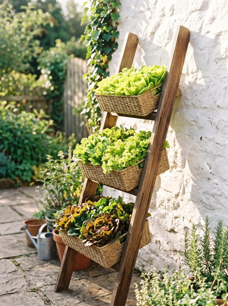  A tiered cedar ladder shelf leaning against a sunlit wall, holding shallow woven baskets filled with loose-leaf lettuce in bronze, green, and chartreuse tones. Soft morning light. Whitewashed wall backdrop. Angled side view showing all three tiers and the staggered color variation.