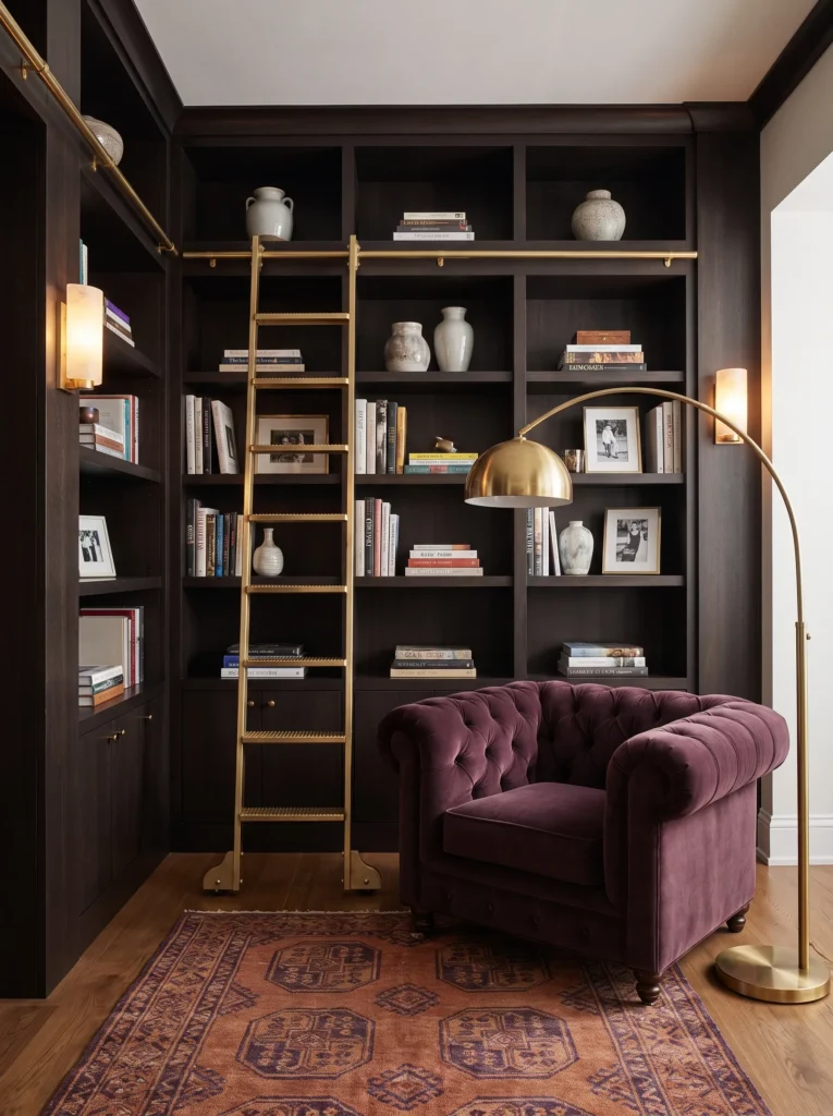 "Espresso wood library nook with brass ladder and hidden bar panel"