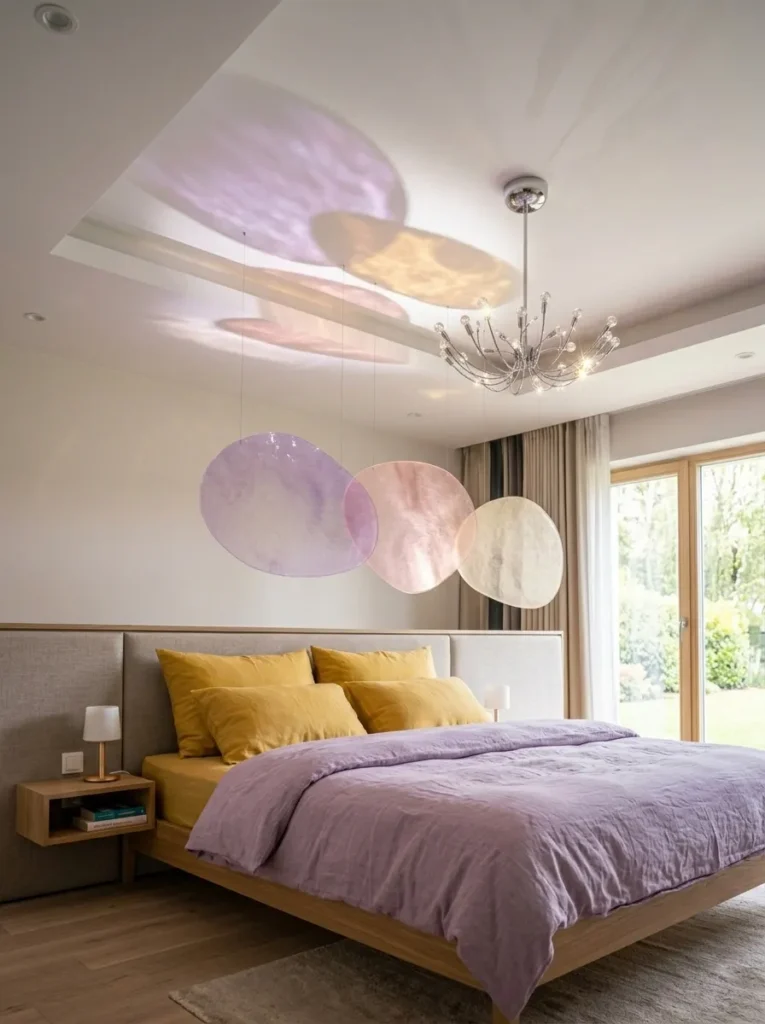 Lilac organza panels creating a soft bedroom backdrop