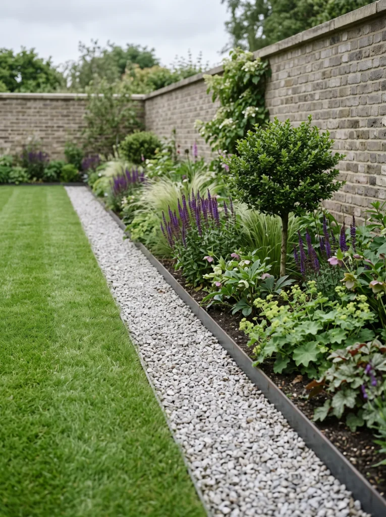 Limestone French drain gutter drainage solution forming a clean gravel border between lawn and perennial planting.