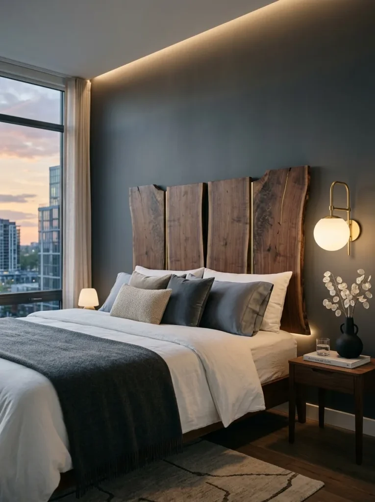 Live-edge walnut slab DIY headboard with natural grain and bark edge.