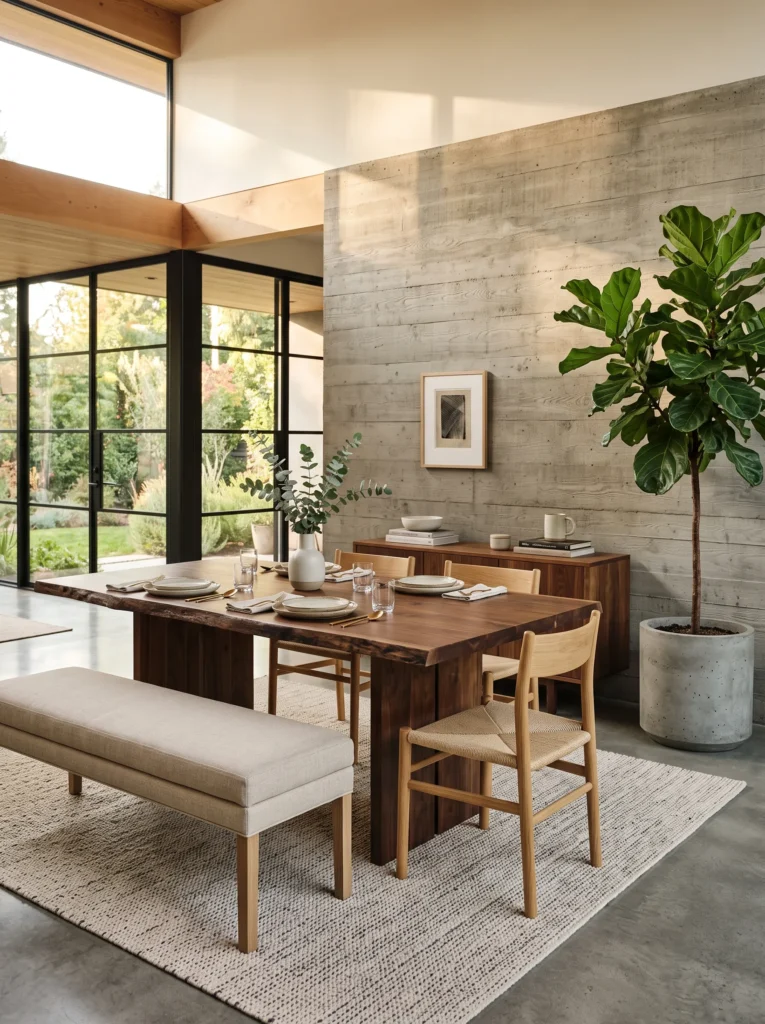 Live-edge walnut dining table against a board-formed concrete wall.