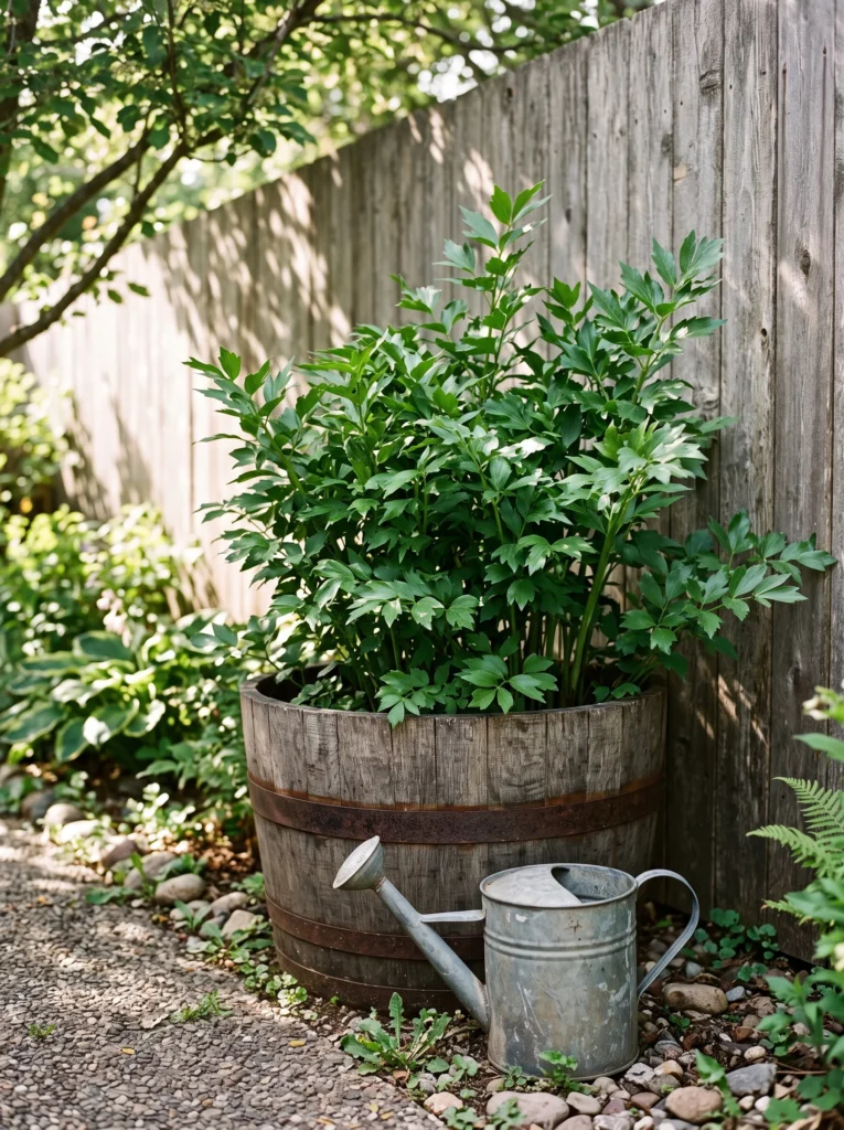 Fall herbs to grow in a large half-barrel planter, featuring tall lovage against a weathered garden fence.