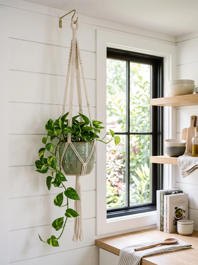  Macrame hanging plant stand with a trailing pothos vine near a kitchen window