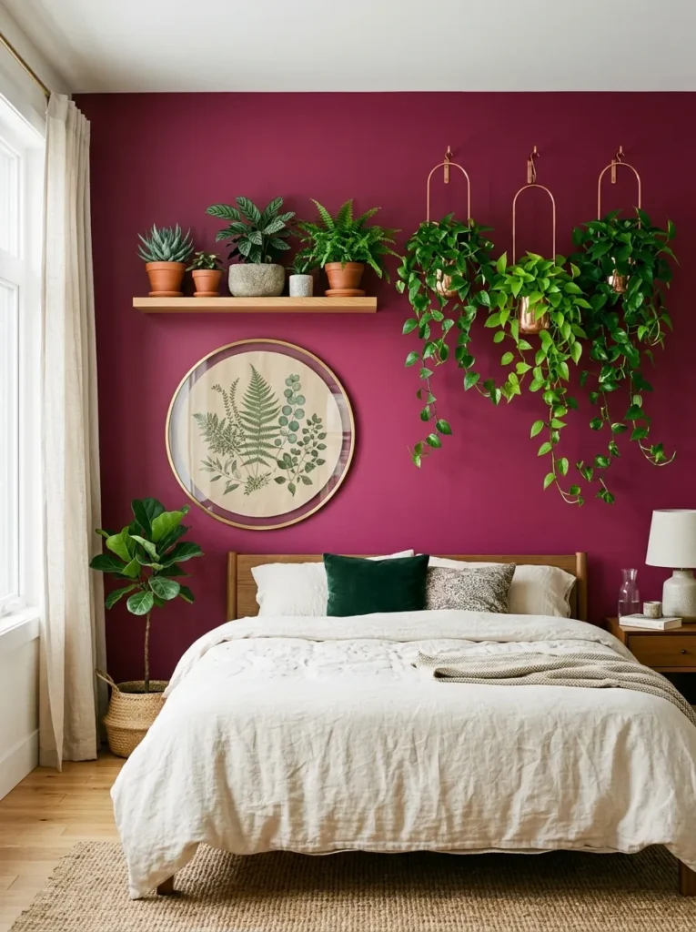 Deep magenta wall with copper plant hangers and trailing pothos