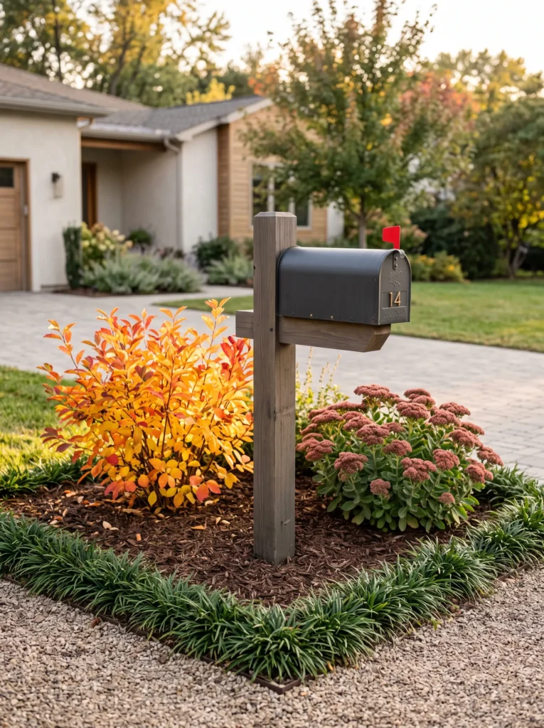 Mailbox garden bed with fothergilla in fall color and sedum.