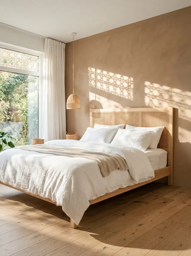 Maple-framed cane DIY headboard with white bedding against a matte clay wall.