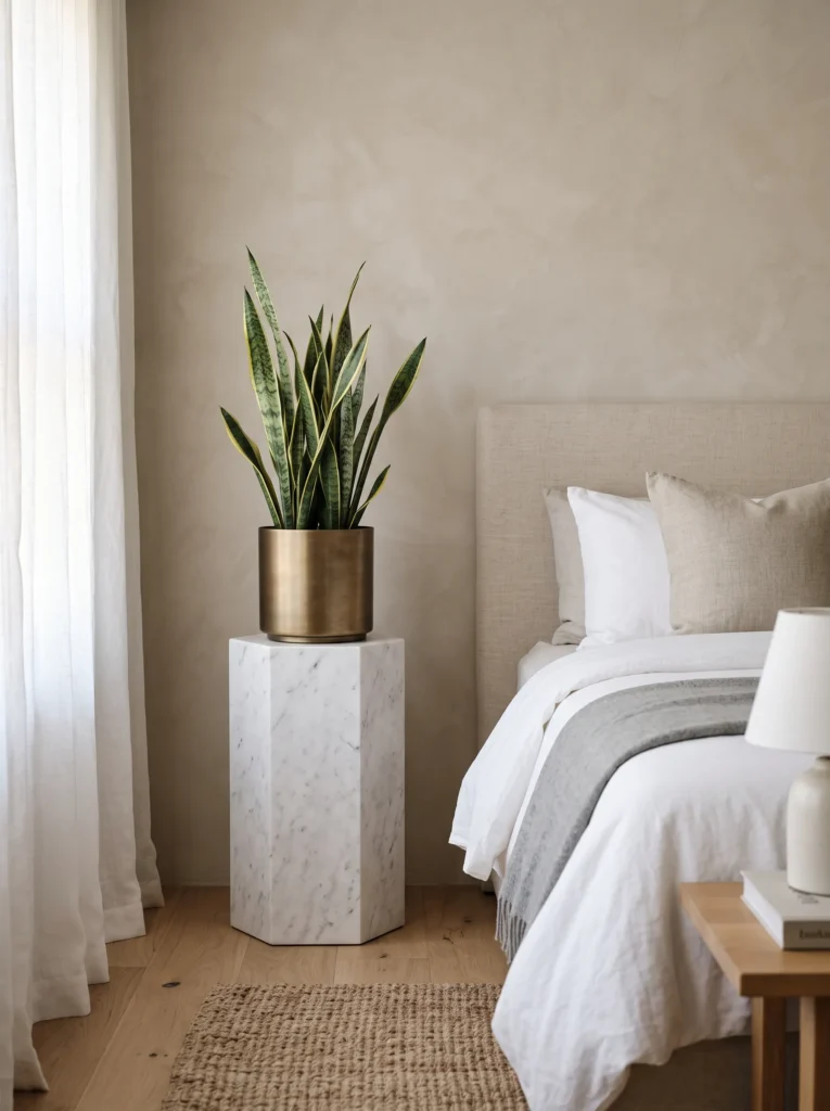  Honed marble pedestal plant stand with a Sansevieria snake plant beside a bedroom bed