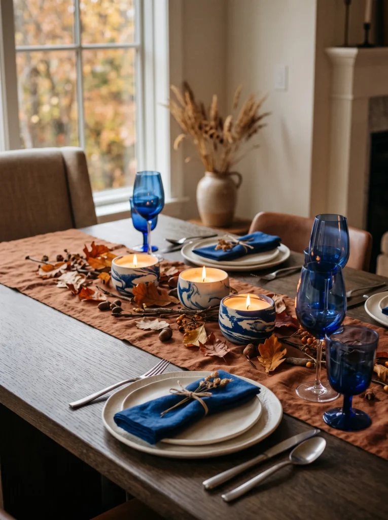 Fall table centerpiece ideas featuring cobalt and ivory marbled ceramic candle vessels, cinnamon linen, dried leaves, and blue glassware.