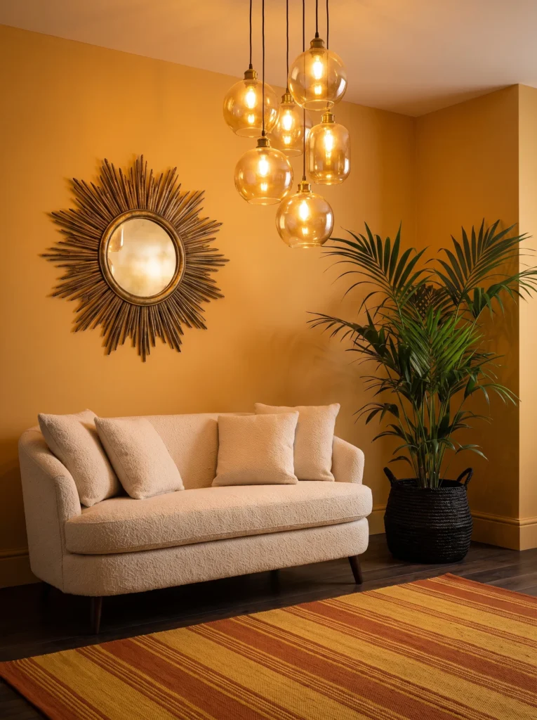 Marigold gold living room with staggered amber pendant lights and aged brass mirror