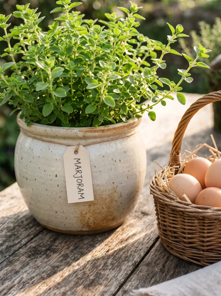 Fall herbs to grow in a cream ceramic pot, featuring fresh marjoram beside eggs on a rustic kitchen table.
