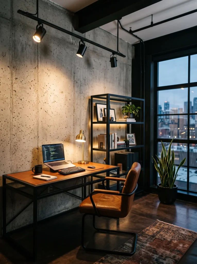 Matte black loft home office with a cognac leather-wrapped steel desk.