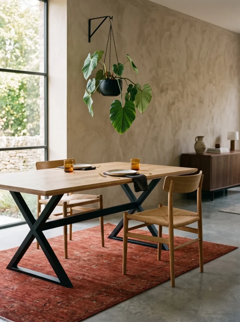 Ash-top dining table on a matte black steel base with rush-seat chairs.