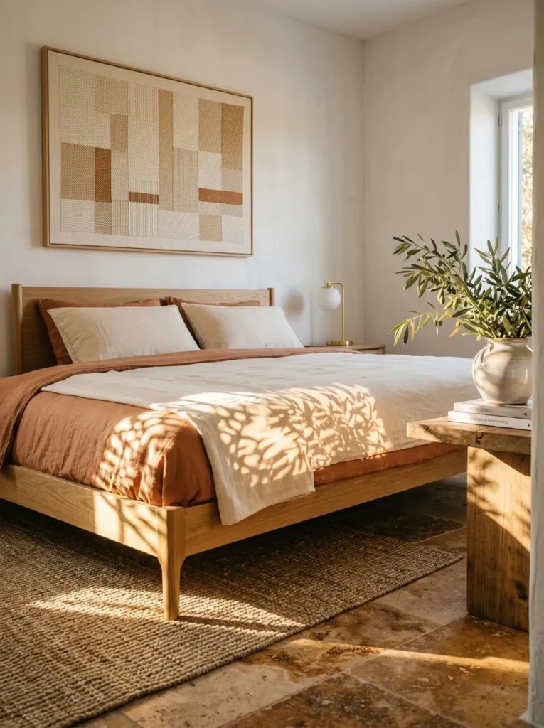 Mediterranean linen bedroom with terracotta accents