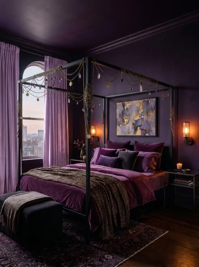 Near-black amethyst walls with a black steel four-poster bed