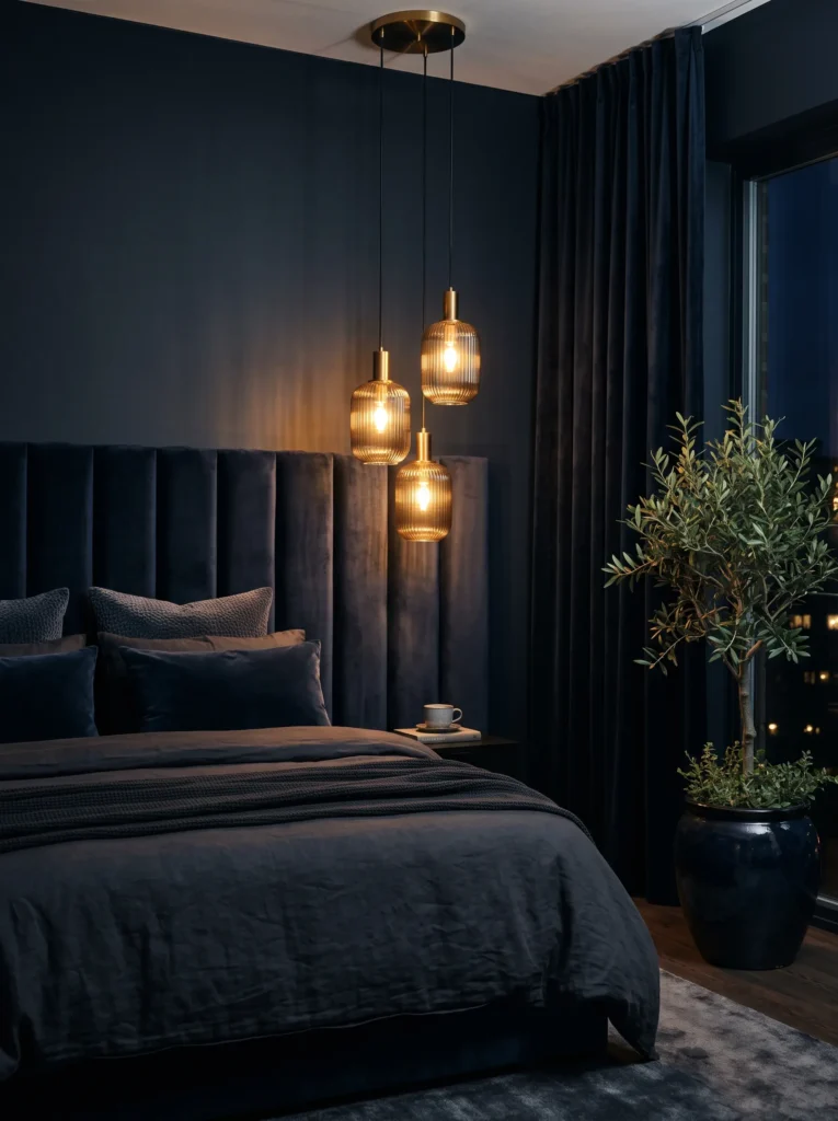 Midnight blue and gold bedroom with velvet headboard, burnished gold pendants, olive tree, and dark blue curtains.