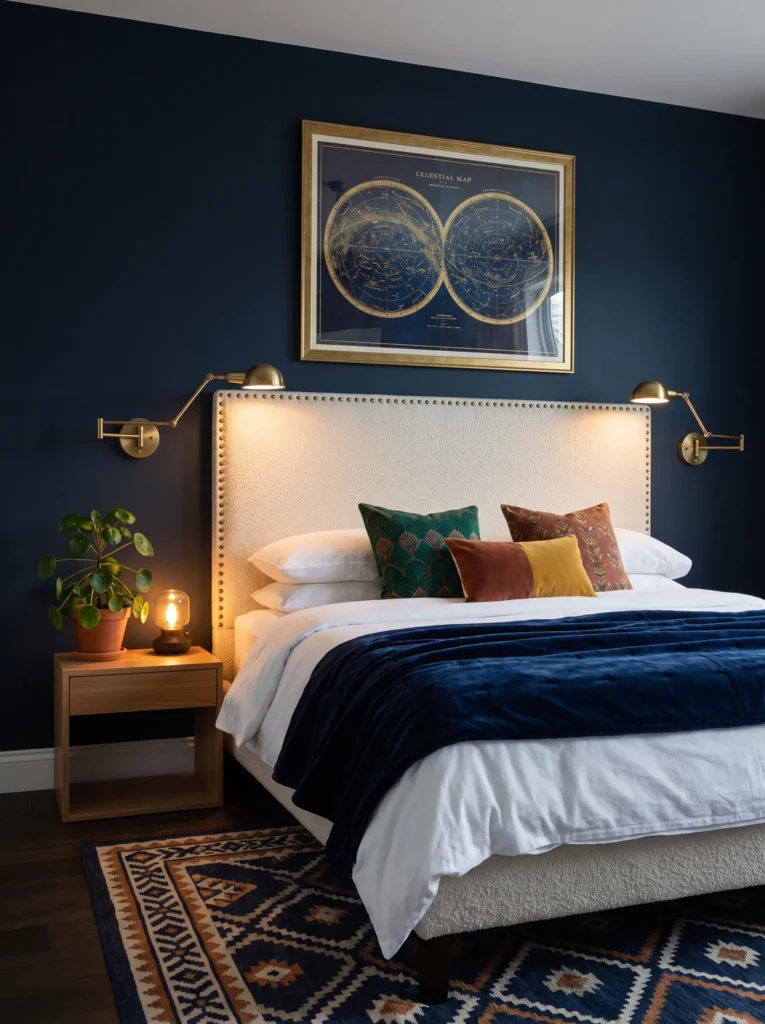 Midnight navy bedroom with bouclé headboard, aged-brass sconces, celestial art, and Chinese money plan