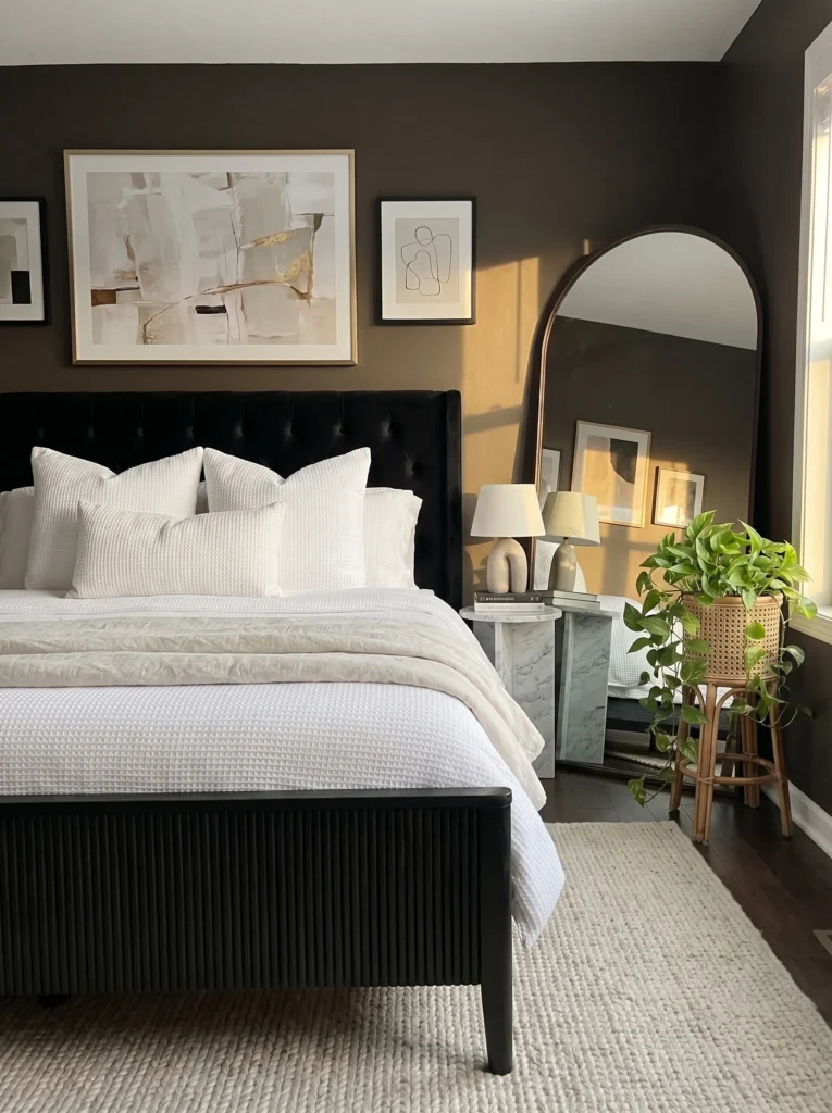Espresso-black bedroom with a fluted oak bed frame and a tall arched mirror reflecting window light