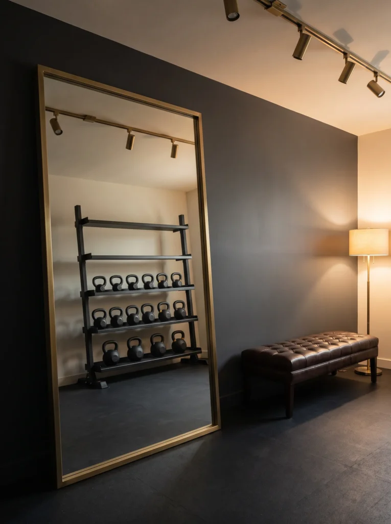 "Mixed-metal home gym lounge with brass-framed mirror and steel rack"