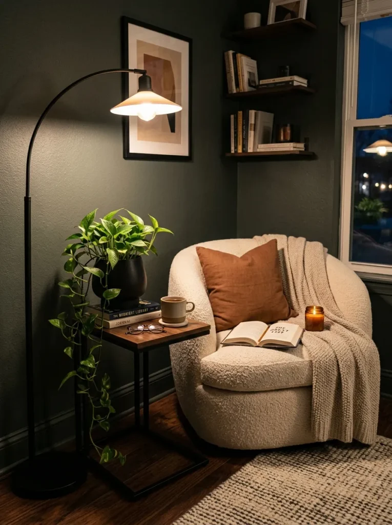 Deep sage reading corner with black floor lamp, boucle chair, and trailing pothos.
