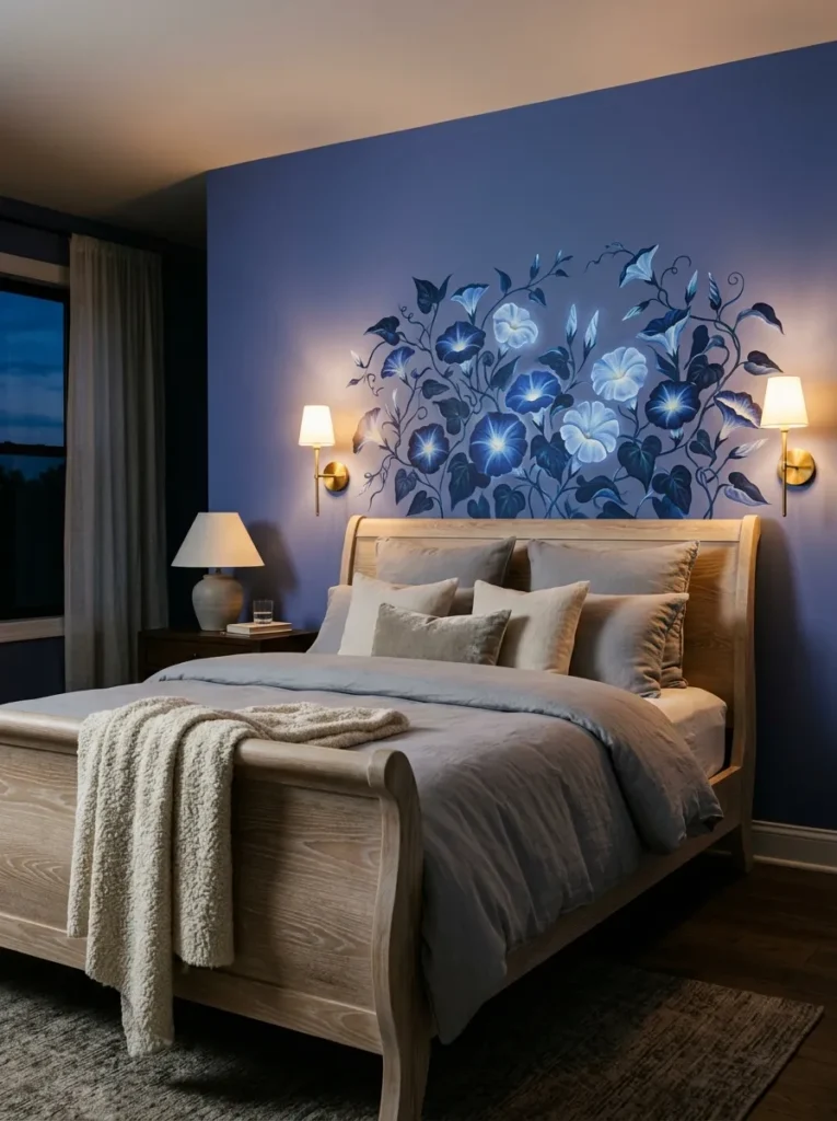  Whitewashed sleigh bed against a moonflower mural on periwinkle walls