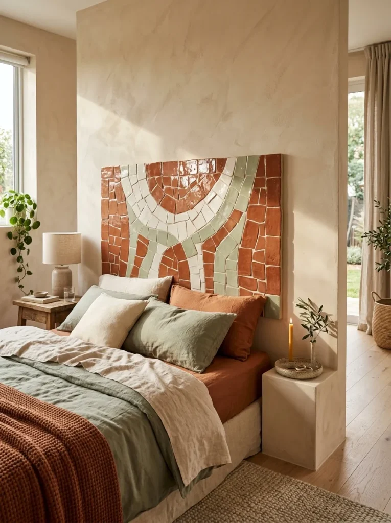 Handmade terracotta, cream, and sage mosaic tile DIY headboard.