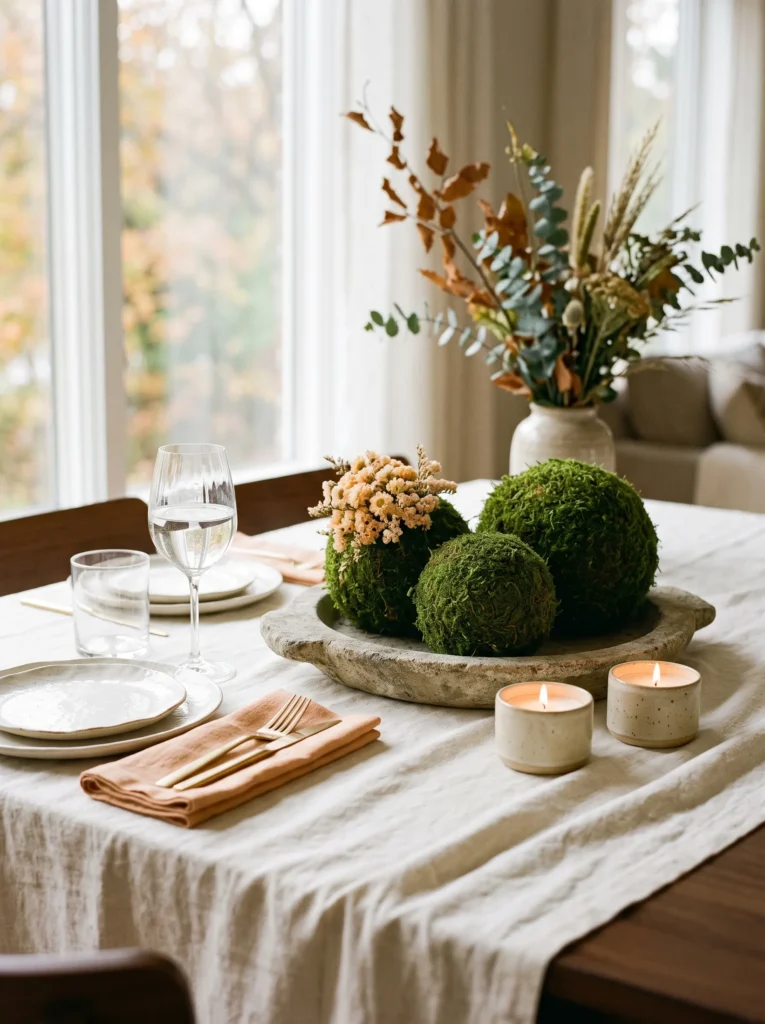  Fall table centerpiece ideas featuring preserved moss spheres, apricot dried flowers, aged stone, ivory linen, and ceramic candle cups.
