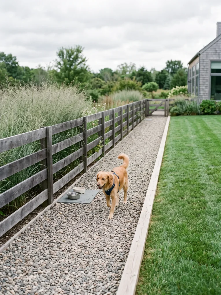 Pea gravel dog run bordered by switchgrass along a fence.