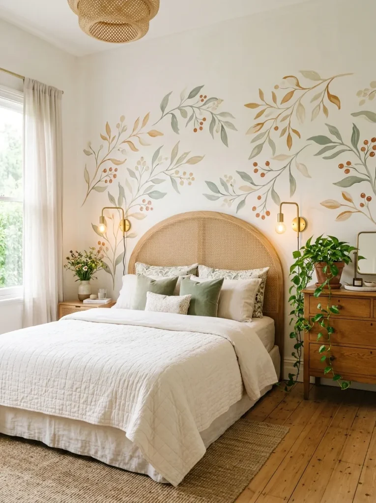 Hand-painted branch mural behind a cane and oak arched headboard
