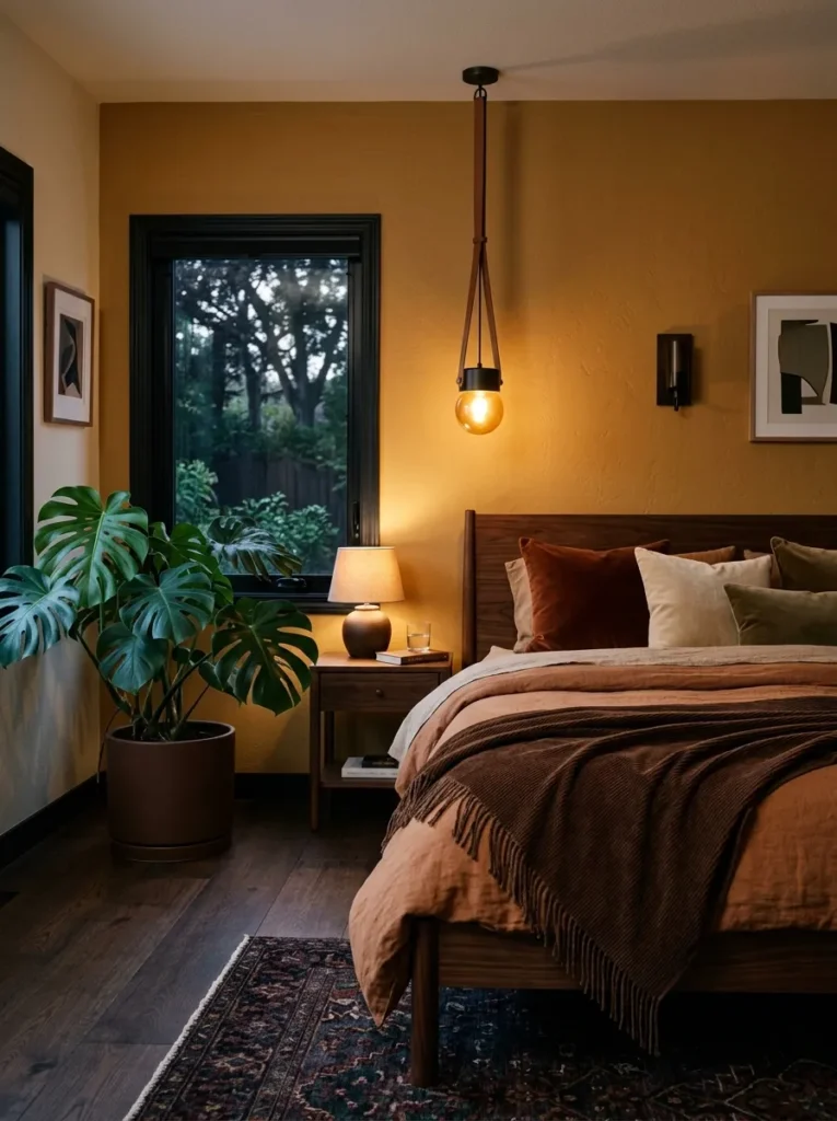 Dark walnut bed frame against deep ochre walls with a chocolate brown throw