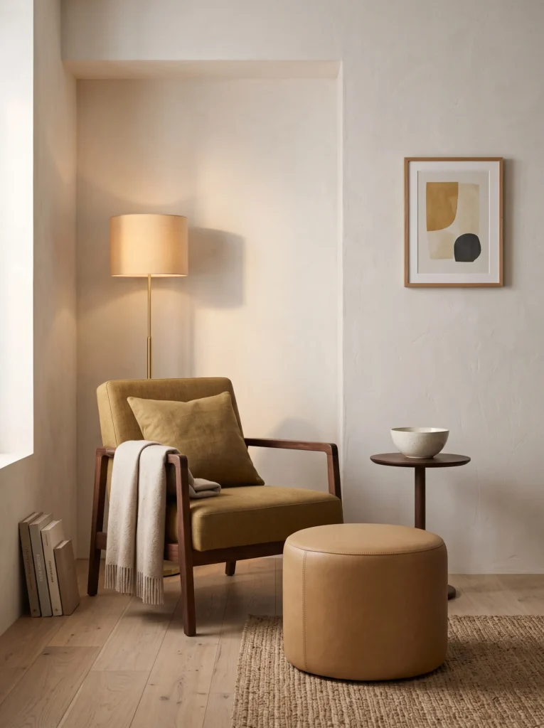 Mustard linen cushion, a corner chair, camel leather footstool, walnut pedestal, and ivory ceramic styled in a cozy autumn alcove.