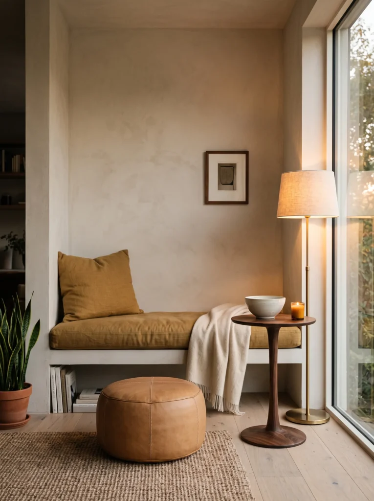 Mustard linen cushion, a corner bench, camel leather footstool, walnut pedestal, and ivory ceramic styled in a cozy autumn alcove.